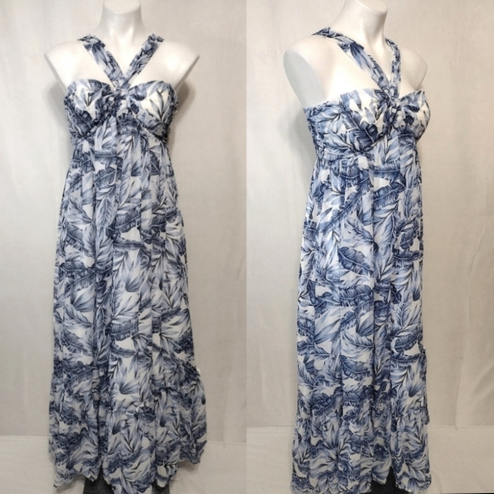 Petal Roz Tropical Print Chiffon Maxi Dress Halter Empire Waist Resortwear Small